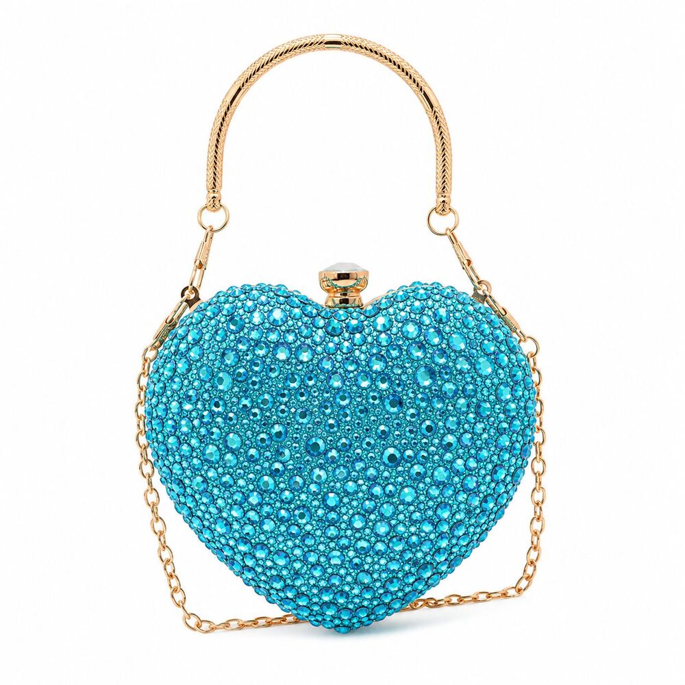 Blue Crystal Heart Clutch Bag Gold Handle Formal Evening Cocktail Purse NEW - Picture 3 of 8